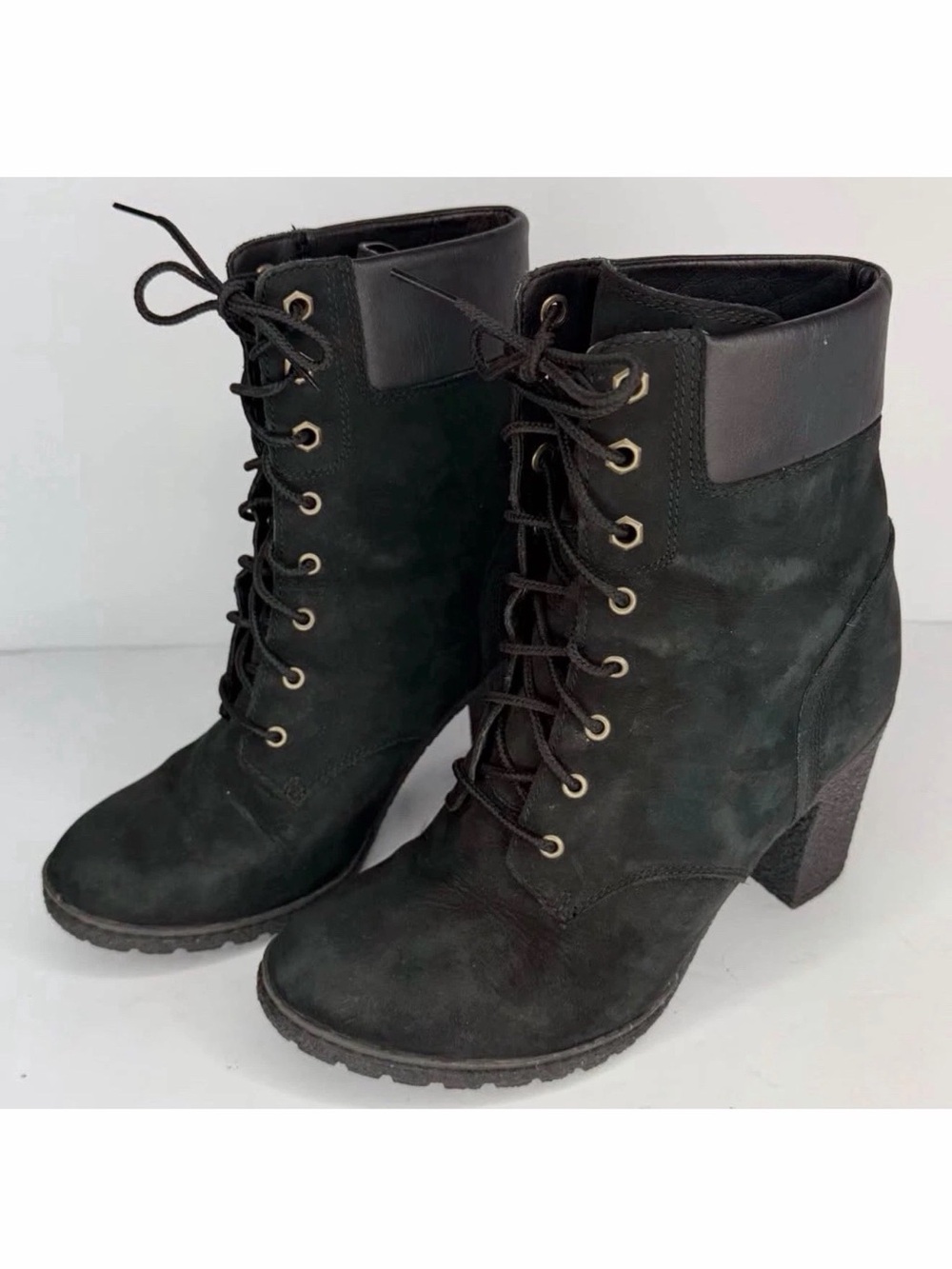 TIMBERLAND Tillston Boots Womens 7.5 High Heel Black Nubuck Leather Lace Up Shoe